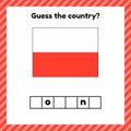 Worksheet on geography for preschool and school kids. Crossword. Poland flag. Cuess the country