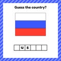 Worksheet on geography for preschool and school kids. Russia flag. Cuess the country