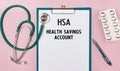 Worksheet with the inscription Health Savings Account HSA stethoscope and pills