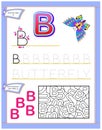 Worksheet for kids with letter B for study English alphabet. Logic puzzle game. Developing children skills for writing and reading