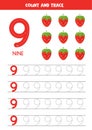 Worksheet for learning numbers with cute kawaii strawberries. Number nine. Royalty Free Stock Photo