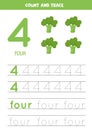 Worksheet for learning numbers and letters with cartoon broccoli. Number Four.