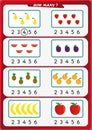 Worksheet for kindergarten kids, Count the number of objects, Learn the numbers 1, 2, 3, 4, 5, 6