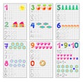 Worksheets for kids school math textbook. Learn numbers. Set of educational pages on square paper. Layout ready for printing.