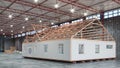 Workshop assembly of modular house, construction of a frame house of wood and panels. Royalty Free Stock Photo