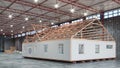 Workshop assembly of modular house, construction of a frame house of wood and panels.