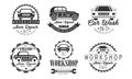 Workshop Auto Repair Service Premium Retro Labels Set, Mechanic Station, Car Wash Monochrome Badges Vector Illustration Royalty Free Stock Photo