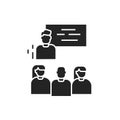 Workshop black glyph icon. Tutor, educator, teacher. Group training. Pictogram for web page, mobile app. UI UX GUI design element