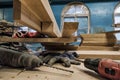 Workshop of carpenters with different types of plank. Royalty Free Stock Photo
