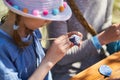 Workshop of decorating easter eggs in beautiful hungarian village Holloko