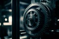 In a workshop environment, a close-up view showcases the intricacy of mechanical gears and chains demonstrating Royalty Free Stock Photo