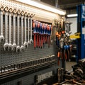 A workshop features various wrenches, screwdrivers with blue and red Royalty Free Stock Photo
