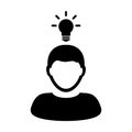 Workshop icon vector male person profile avatar symbol with bulb for creative idea for business development in Glyph Pictogram Royalty Free Stock Photo