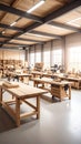 Workshop interior with wooden workbenches, tools, and construction equipment, industrial interior Royalty Free Stock Photo