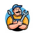 Workshop logo. Emblem mechanic with construction tools for auto repairing. Cartoon character vector illustration Royalty Free Stock Photo