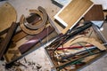 Workshop of lutherie, making guitar. No people Royalty Free Stock Photo