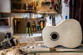 Workshop of lutherie, making guitar. No people Royalty Free Stock Photo