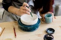 Workshop production of ceramic tableware product painting