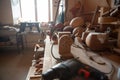 Workshop of professional Tar master artisan detailed work on wood violin in a workshop. Azerbaijan traditional