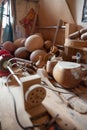 Workshop of professional Tar master artisan detailed work on wood violin in a workshop. Azerbaijan traditional