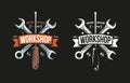 Workshop retro logo with wrench, screwdriver and heraldic ribbon