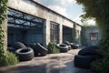 Workshop rims tires warehouse entrance. Generate Ai Royalty Free Stock Photo