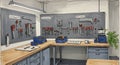 Workshop Scene with Tools Hanging on Pegboard Illustration Royalty Free Stock Photo