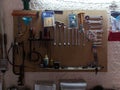 Workshop scene. Tools on the table and board.