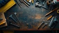 Workshop table with scattered tools and equipment. Repair and construction Royalty Free Stock Photo