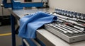 Workshop Table with Tools and Blue Cloth, Close-Up View Royalty Free Stock Photo