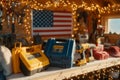 Workshop Tools with American Flag and String Lights Royalty Free Stock Photo