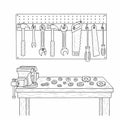 Workshop tools on pegboard and workbench Royalty Free Stock Photo