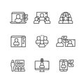 Workshop, video conference and online communication, business structure vector thin line icons