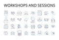 workshops and sessions line icons collection. Seminars and lectures, Talks and speeches, Classes and tutorials