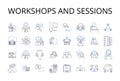 workshops and sessions line icons collection. Seminars and lectures, Talks and speeches, Classes and tutorials