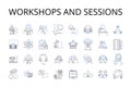 workshops and sessions line icons collection. Seminars and lectures, Talks and speeches, Classes and tutorials