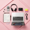 Digital camera, colorful sticky notes, a USB cable, a pen drive, and binde Royalty Free Stock Photo