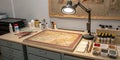 Workspace in an art restoration studio featuring tools and materials for repairing a damaged artwork Royalty Free Stock Photo
