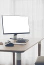 Workspace background with desktop pc and office accessories . Royalty Free Stock Photo