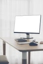 Workspace background with desktop pc and office accessories . Royalty Free Stock Photo