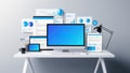 Workspace blank screen Computer and Equipment on table and loft wall background. Office Workplace Computer with Blue Blank Empty Royalty Free Stock Photo