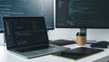 Workspace with code on multiple monitors. Perfect for illustrating software development, programming, tech, or digital creation. Royalty Free Stock Photo