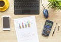 Workspace with coffee cup, smartphone, paper, notebook, calculator and laptop on wooden background. Top view. Desktop. Accounts Royalty Free Stock Photo