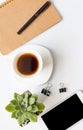 Workspace compositon  with, coffee cup,notebook,pen ,csmart phone and green leaves pot with space on white background,flat lay Royalty Free Stock Photo