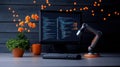 Workspace with computer coding screen plant and warm lighting accents Royalty Free Stock Photo