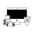 Workspace computer coffee cup books and plant isolated icon line style