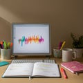 A workspace with a computer displaying colorful bar graphics. The desk features an Royalty Free Stock Photo