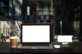 Workspace with computer, laptop, office supplies, and coffee cup, smartphone, and tablet at office. desk work concept Royalty Free Stock Photo