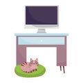 Workspace computer screen desk and cat in bed isolated design