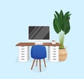 Workspace with computer, table, plant, chair and cup on isolated blue background for home office, cabinet, remote work Royalty Free Stock Photo